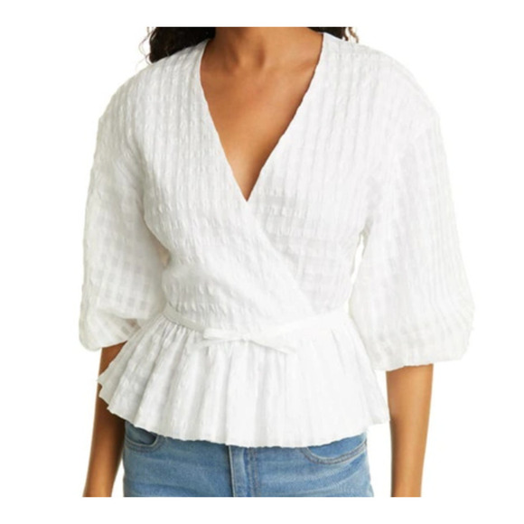 Tanya Taylor Izzy Tonal Check Wrap Front Blouse In Optic White